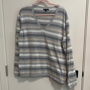 Tommy Hilfiger Striped V-Neck Sweater in Gray, White & Cream